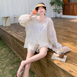 法式复古蕾丝绣花防晒套装女2025夏季新款宽松显瘦上衣短裤两件套，女装套装/套裙，2C198