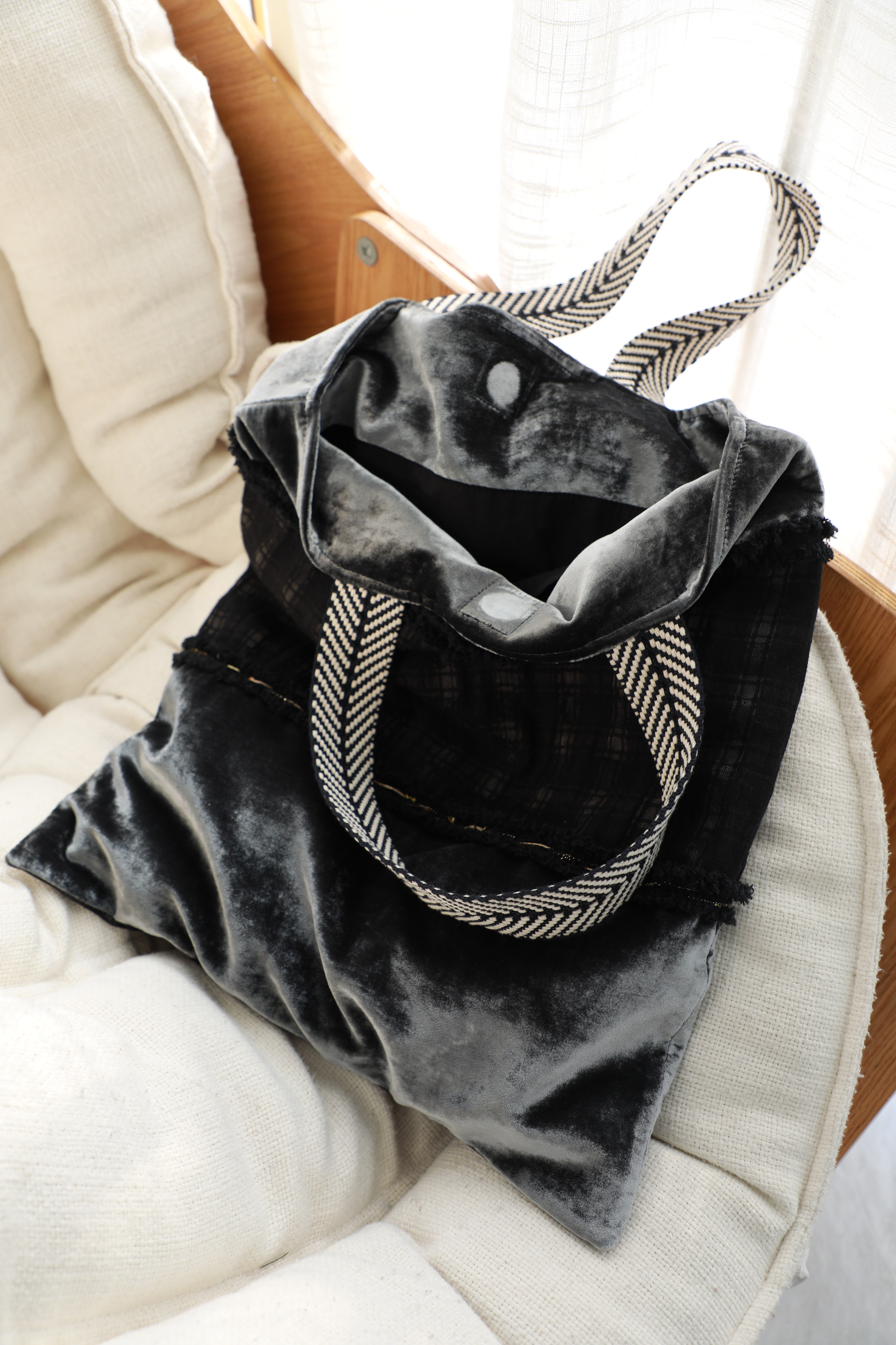 樂之手作｜深灰色真丝丝绒亚麻拼接大容量单肩手提包,箱包皮具/热销女包/男包,时尚帆布包,淘宝优惠券,粉丝福利购,淘宝优惠卷