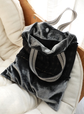 樂之手作｜深灰色真丝丝绒亚麻拼接大容量单肩手提包