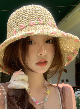 田园风夏季编织草帽女2024新款海边度假遮阳小花朵太阳渔夫草帽子
