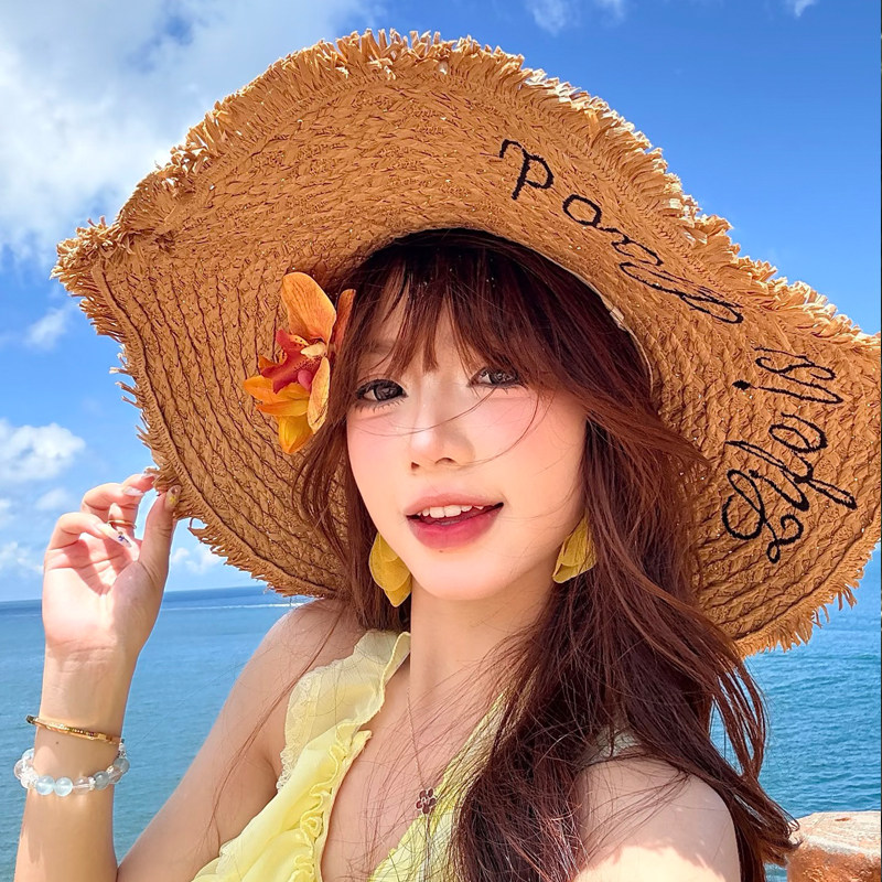 超大帽檐字母刺绣草编帽女夏季旅游海边度假遮阳防晒沙滩太阳草帽