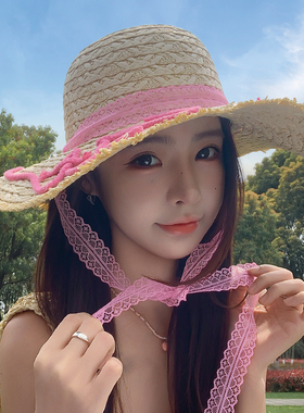 新款刺绣字母蕾丝边草编帽女夏大帽檐海边度假沙滩遮阳防晒帽百搭
