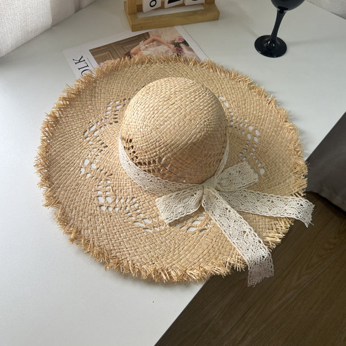 防晒拉菲草帽女蕾丝系带大檐草帽