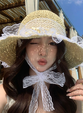 法式草帽女2025夏季新款系带蕾丝花边防晒帽海边帽子出游遮阳帽