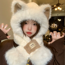 秋冬季 女可爱小熊耳朵毛绒绒帽子围巾一体加厚保暖防寒护耳雷锋帽