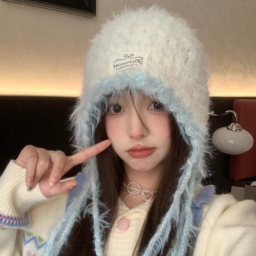 蓝色毛绒绒毛线帽子女秋冬季保暖