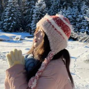 帽子女秋冬季多巴胺条纹拼接毛绒帽护耳保暖针织毛线帽防寒雷锋帽