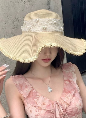 2026新款法式蕾丝草帽女夏季大帽檐遮阳防晒帽海边度假沙滩太阳帽