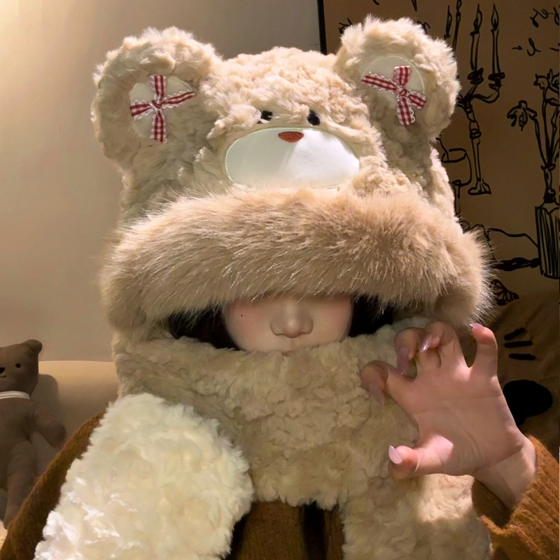 可爱小熊蝴蝶结毛绒帽子围巾一体