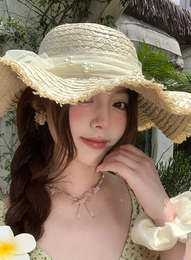 新款蕾丝蝴蝶结波浪形草帽女夏季海边度假大帽檐沙滩遮阳太阳帽子