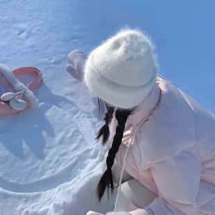 秋冬季韩版安哥拉兔毛纯色针织毛线帽子女保暖包头冷帽百搭显脸小
