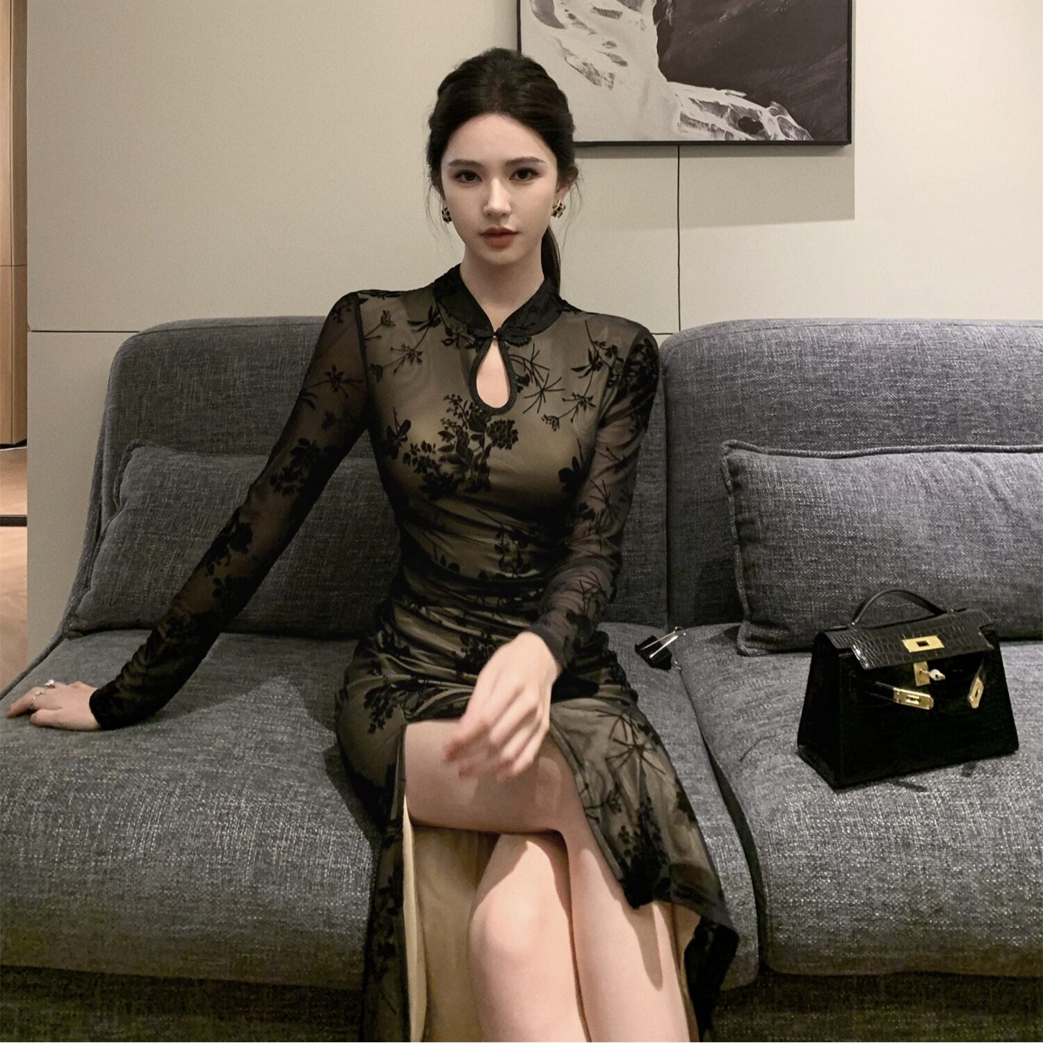 秋冬季名媛气质新中式改良旗袍中长款礼服性感开叉包臀长袖连衣裙