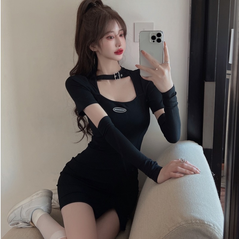 甜辣风酷拽袖套连衣裙女开叉短裙2025年夏季新款性感紧身包臀裙子