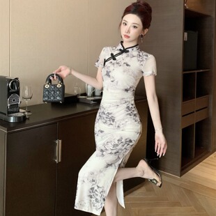 直播衣服女主播国风年轻款性感网纱印花改良旗袍开叉中长款连衣裙