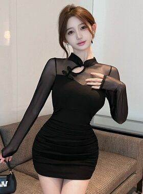 2026春季新款夜场女装性感网纱褶皱显瘦改良旗袍包臀长袖连衣裙子