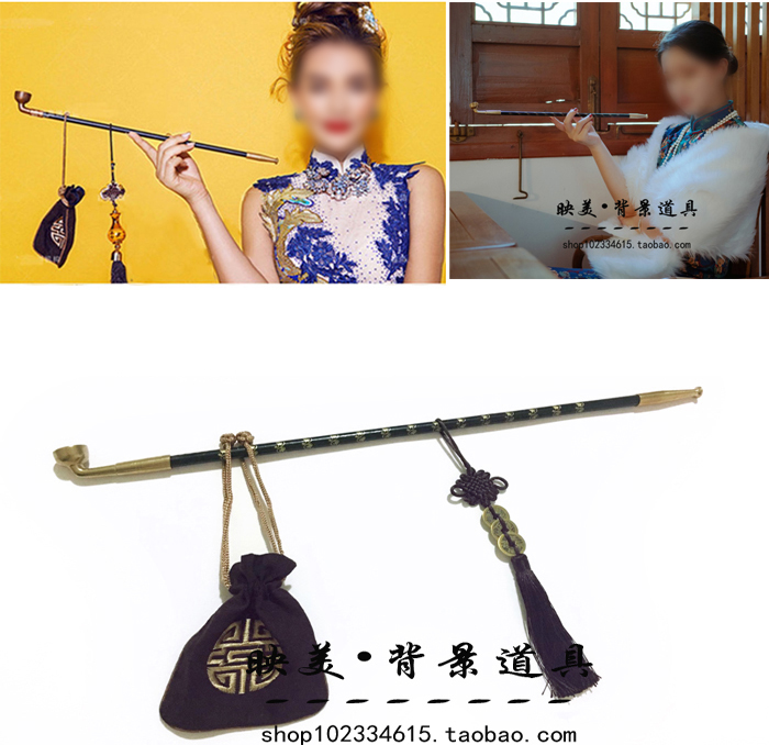 影楼古装摄影道具女生写真旗袍新款拍照加长木质弯烟斗烟杆烟袋