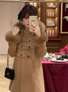 Starry 古早VIVI/狐狸毛袖毛连帽毛呢大衣 100全羊毛日系甜美外套