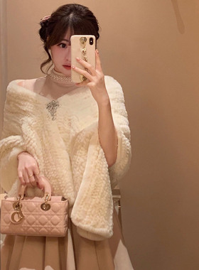 Starry千金娇娇/重工珍珠水钻荷叶边收腰连衣裙 日系甜美獭兔披肩