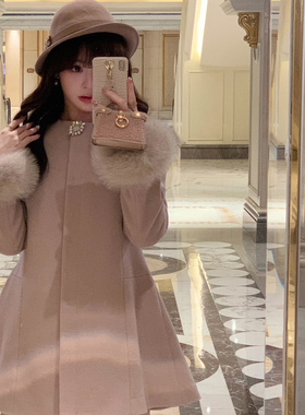 Starry 日系千金感/狐狸毛羊毛收腰纱绘子裙摆大衣 甜美毛呢外套