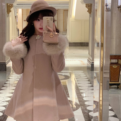 Starry狐狸毛羊毛收腰纱绘子大衣