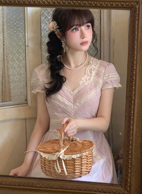 Starry 浪漫物语/重工蕾丝拼接收腰连衣裙 日系甜美法式棉质长裙