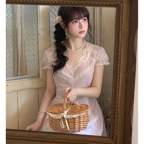 Starry重工法蕾拼接收腰连衣裙