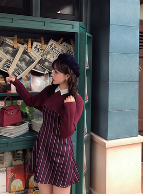 Starry娃娃领学院风收腰连衣裙 英伦甜美显瘦A字裙 毛衣两件套