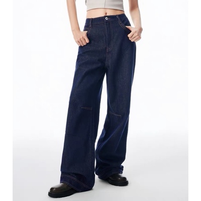 格子拼接明线休闲百搭直筒牛仔裤