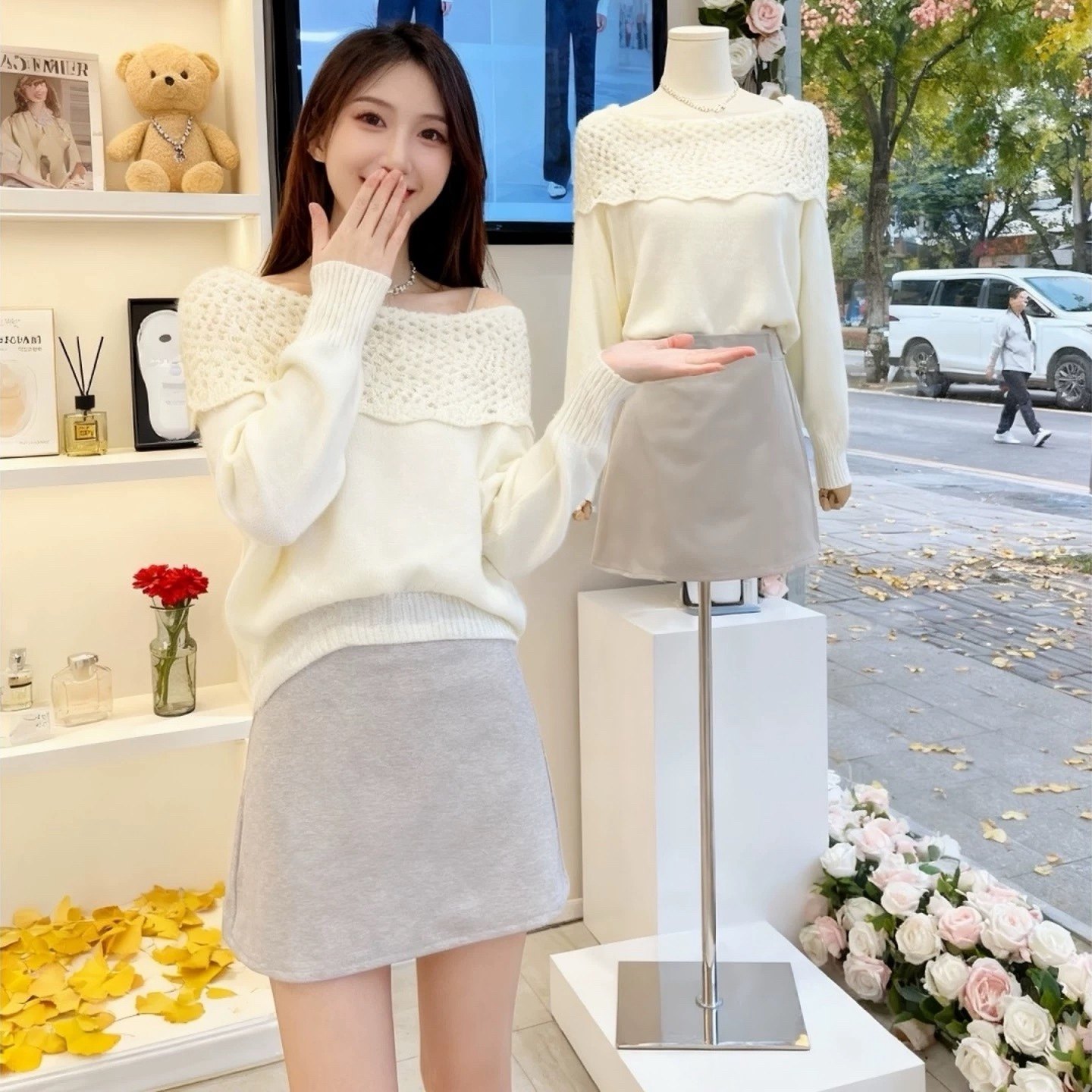 针织衫 一字肩镂空花边披肩式优雅简约休闲百搭通勤秋冬 毛衣0.41