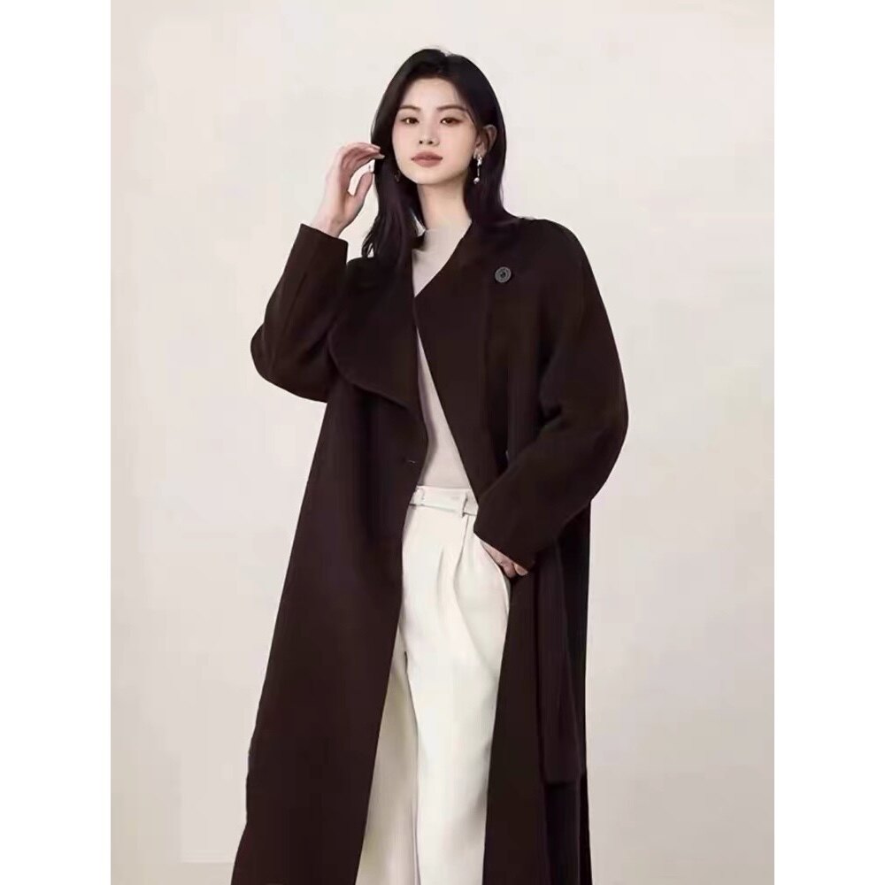 双面呢大衣 斜门襟单排扣腰带收腰高级气质百搭长款毛呢 外套1.39