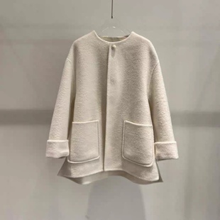 双面呢大衣珠扣装 设计秋冬气质百搭外套1.05 饰两粒暗扣门襟卷边袖