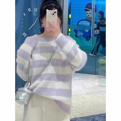 圆领拼色条纹宽松休闲秋冬毛衣