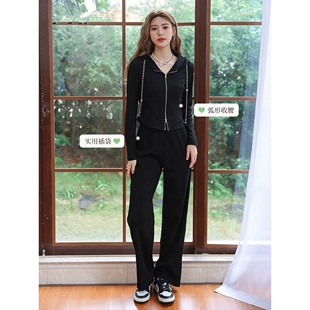 气质套装 休闲两件套 0.73 松紧腰直筒长裤 链条连帽卫衣 时尚 新款
