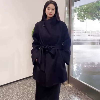 立领斜门襟卷边袖中长双面呢大衣