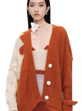 针织衫 时尚新款V领纽扣开襟撞色设计宽松慵懒风百搭开衫外套0.67