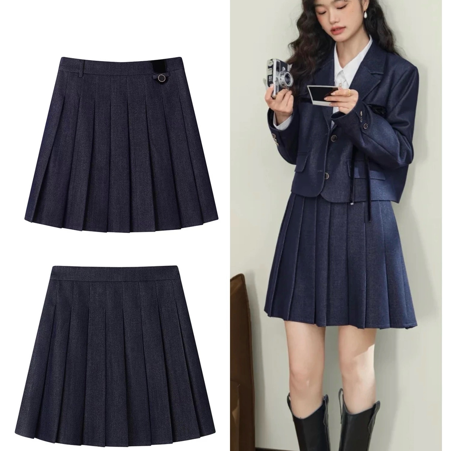 侧拉链仿牛仔百搭款百褶裙半身裙