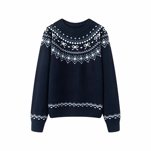 针织衫 圆领蝴蝶结菱格波浪纹费尔岛慵懒风复古宽松套头 毛衣0.42