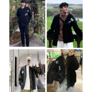 针织衫 V领单排扣卡通刺绣男女同款情侣秋冬百搭毛衣开衫外套0.72