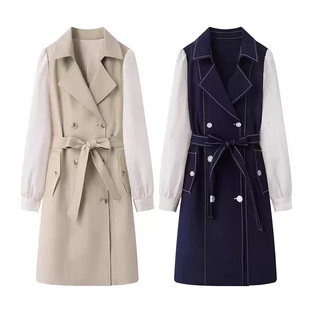 拼接腰带收腰气质OL风 风衣连衣裙 袖 领双排扣衬衫 连衣裙0.77 西装