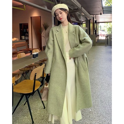 西装领开衫式腰带收腰双面呢大衣