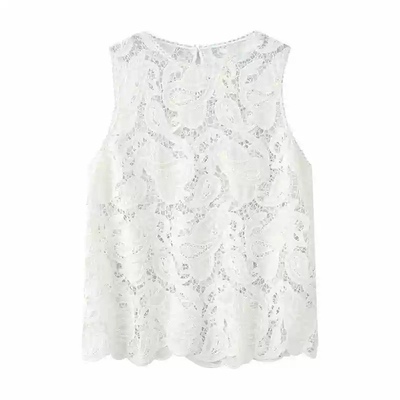 镂空重工刺绣设计无袖背心衬衫