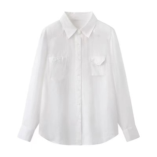 衬衫POLO领大小口袋装饰单排扣设计时尚休闲暴打薄款长袖衬衫0.19