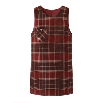 圆领格子印花减龄百搭毛呢背心裙