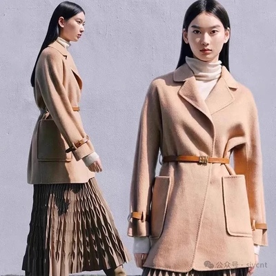 双面呢 秋冬款气质西装领大口袋皮带装饰气质百搭中长款 外套1.16