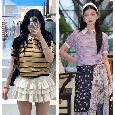 翻领亮丝细闪网纱拼接短袖针织衫