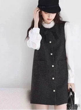 背心裙 蝴蝶结装饰单排金扣双口袋设计小香风中长 无袖毛呢裙0.67