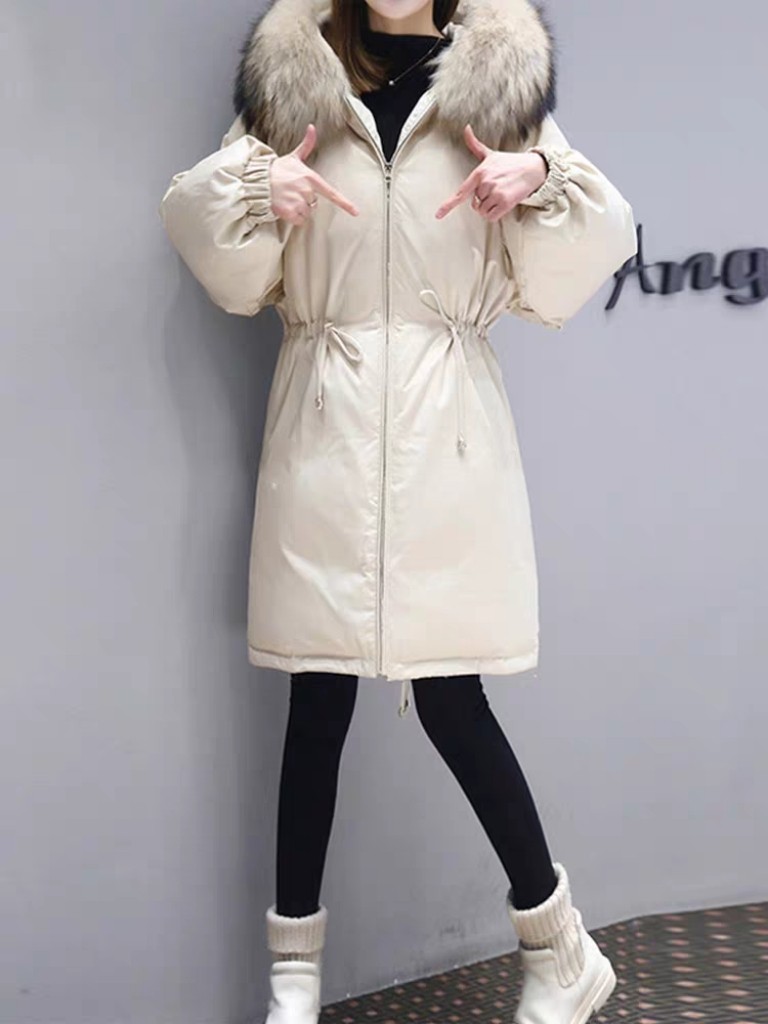 白鸭绒羽绒服 时尚新款连帽貉子真毛领抽绳收腰加厚 保暖外套1.38