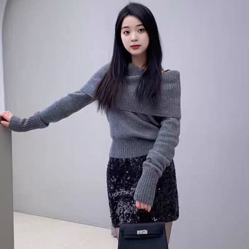 针织衫 一字肩露肩披肩设计秋冬款时尚气质百搭套头毛衣 上衣0.56