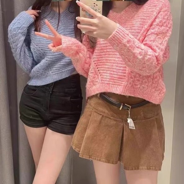 针织衫 V领麻花纹蝙蝠袖净版简约宽松时尚休闲百搭款套头毛衣0.37