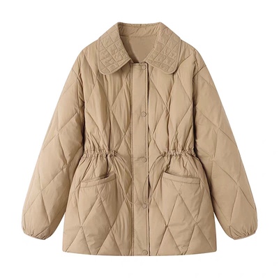 翻领菱格走线腰部抽绳保暖羽绒服